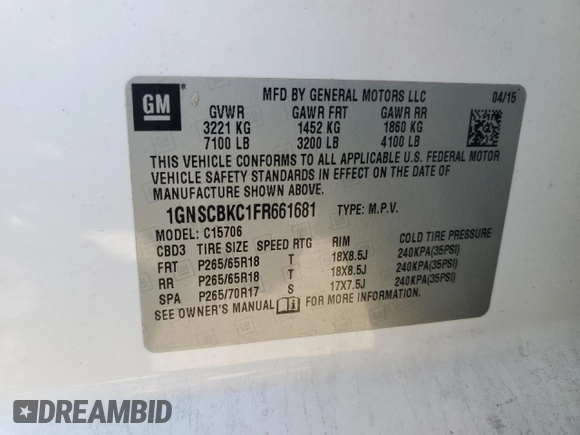 2015 Chevrolet Tahoe LT with VIN 1GNSCBKC1FR661681, listed as a Copart auction lot 49865695 with 191,306 mi miles and Salvage Title. Bid and sale history available at DreamBid. Image 14.