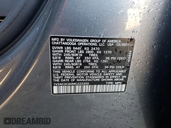 2021 Volkswagen Atlas S with VIN 1V2AC2CA0MC222200, listed as a Copart auction lot 76410174 with 50,054 mi miles and Salvage title. Bid and sale history available at DreamBid. Image 13.