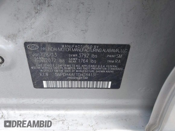 2013 Hyundai Elantra Limited z VIN 5NPDH4AE1DH284131, wystawiony jako IAAI lot #42454008 z przebiegiem 135 076 mil mil oraz . Historia ofert i sprzedaży dostępna na DreamBid. Obrazek 9.