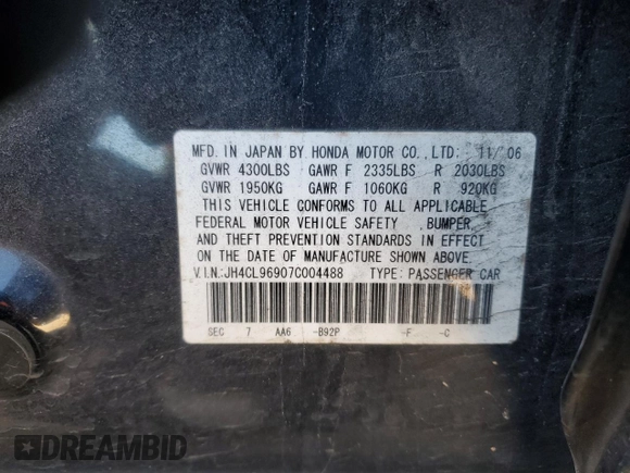 2007 Acura TSX Navi with VIN JH4CL96907C004488, listed as a Copart auction lot 43809055 with 139,395 mi miles and Salvage Title. Bid and sale history available at carsss.com. Image 14.