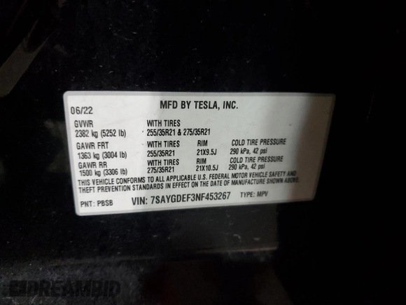 2022 Tesla Model Y Performance with VIN 7SAYGDEF3NF453267, listed as a Copart auction lot 53787615 with 82,452 mi miles and Salvage Title. Bid and sale history available at DreamBid. Image 14.