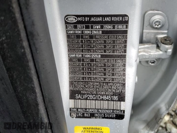 2013 Land Rover Range Rover Evoque Pure Plus z VIN SALVP2BG1DH845186, wystawiony jako Copart lot #57889835 z przebiegiem Nie podano mil oraz Szkoda całkowita • Salvage title. Historia ofert i sprzedaży dostępna na DreamBid. Obrazek 13.