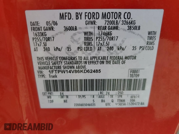 2006 Ford F-150 XLT z VIN 1FTPW14V86KD62485, wystawiony jako Copart lot #65241915 z przebiegiem 227 254 mil mil oraz Czysty tytuł • Clean title. Historia ofert i sprzedaży dostępna na DreamBid. Obrazek 12.