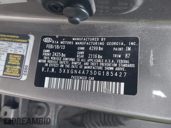 2013 Kia Optima EX with VIN 5XXGN4A75DG185427, listed as a IAAI auction lot 41403385 with 90,015 mi miles. Bid and sale history available at carsss.com. Image 9.