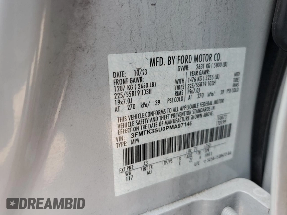 2023 Ford Mustang Mach-E Premium with VIN 3FMTK3SU0PMA97146, listed as a Copart auction lot 60991945 with 29,181 mi miles and Salvage title. Bid and sale history available at DreamBid. Image 14.