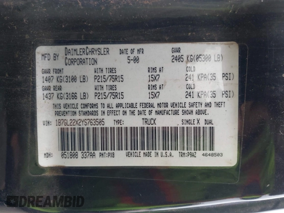 2000 Dodge Dakota with VIN 1B7GL22X2YS763505, listed as a IAAI auction lot 42608242 with 131,159 mi miles and . Bid and sale history available at DreamBid. Image 9.