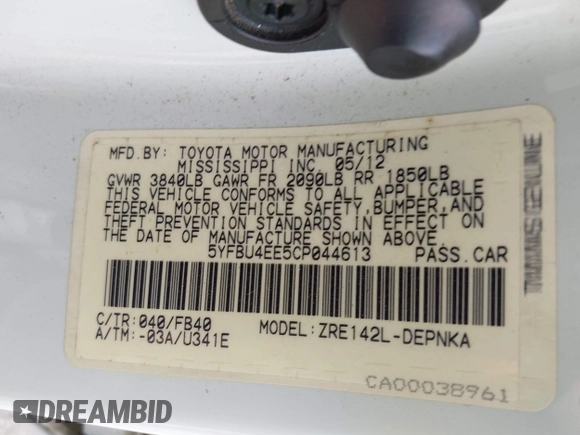2012 Toyota Corolla L with VIN 5YFBU4EE5CP044613, listed as a IAAI auction lot 42113624 with 208,780 mi miles and . Bid and sale history available at carsss.com. Image 9.