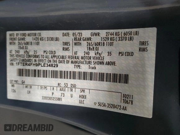 2023 Ford Ranger XL with VIN 1FTER4FH9PLE34829, listed as a Copart auction lot 55485345 with 34,046 mi miles and Salvage title. Bid and sale history available at DreamBid. Image 12.