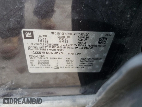 2017 GMC Acadia SLT with VIN 1GKKNMLS6HZ281974, listed as a Copart auction lot 57974395 with Not provided miles and Salvage title. Bid and sale history available at DreamBid. Image 13.