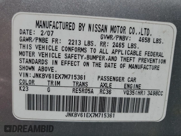 2007 Infiniti G35 Journey with VIN JNKBV61EX7M715361, listed as a Copart auction lot 68190604 with 176,632 mi miles and Salvage Title. Bid and sale history available at DreamBid. Image 12.