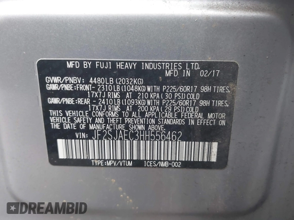 2017 Subaru Forester Premium with VIN JF2SJAEC3HH556462, listed as a IAAI auction lot 41160065 with 96,747 mi miles. Bid and sale history available at carsss.com. Image 9.