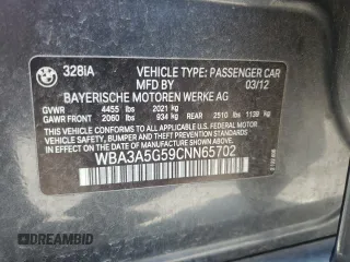 2012 BMW 3 Series 328i with VIN WBA3A5G59CNN65702, listed as a Copart auction lot 55233745 with 150,734 mi miles and Salvage title. Bid and sale history available at DreamBid. Image 12.