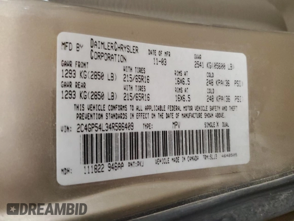 2004 Chrysler Town & Country Touring with VIN 2C4GP54L34R586409, listed as a Copart auction lot 49818705 with 149,501 mi miles and Salvage Title. Bid and sale history available at DreamBid. Image 14.