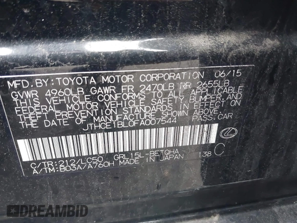 2015 Lexus GS 350 with VIN JTHCE1BL0FA007544, listed as a IAAI auction lot 41944715 with 135,145 mi miles and . Bid and sale history available at DreamBid. Image 9.