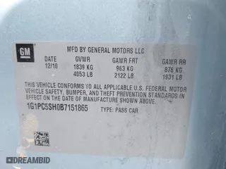 2011 Chevrolet Cruze LS with VIN 1G1PC5SH0B7151865, listed as a IAAI auction lot 41663032 with 131,425 mi miles. Bid and sale history available at carsss.com. Image 9.