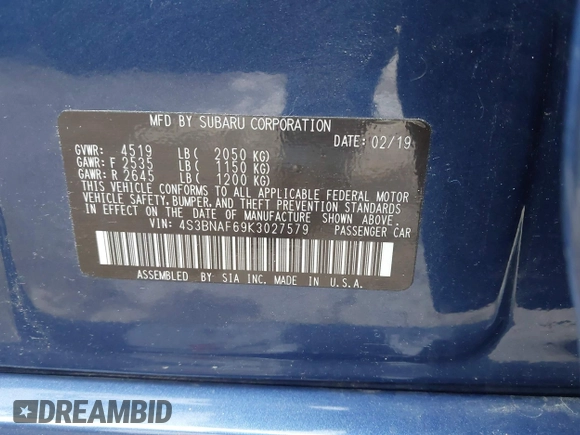 2019 Subaru Legacy Premium with VIN 4S3BNAF69K3027579, listed as a IAAI auction lot 42001804 with 148,495 mi miles and . Bid and sale history available at DreamBid. Image 9.
