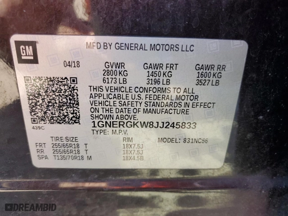 2018 Chevrolet Traverse LT Cloth with VIN 1GNERGKW8JJ245833, listed as a Copart auction lot 53523565 with 128,911 mi miles and Clean Title. Bid and sale history available at carsss.com. Image 14.