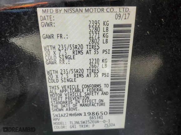 2017 Nissan Murano Platinum with VIN 5N1AZ2MH6HN198650, listed as a Copart auction lot 89311455 with 95,062 mi miles and Salvage Title. Bid and sale history available at carsss.com. Image 14.