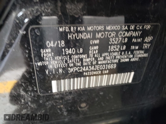 2018 Hyundai Accent SEL with VIN 3KPC24A34JE031669, listed as a Copart auction lot 43640233 with 51,180 mi miles. Bid and sale history available at carsss.com. Image 12.