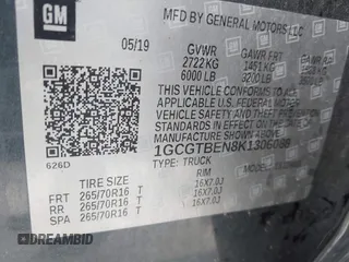 2019 Chevrolet Colorado 4WD Work Truck with VIN 1GCGTBEN8K1306088, listed as a IAAI auction lot 41807366 with 57,376 mi miles. Bid and sale history available at carsss.com. Image 9.