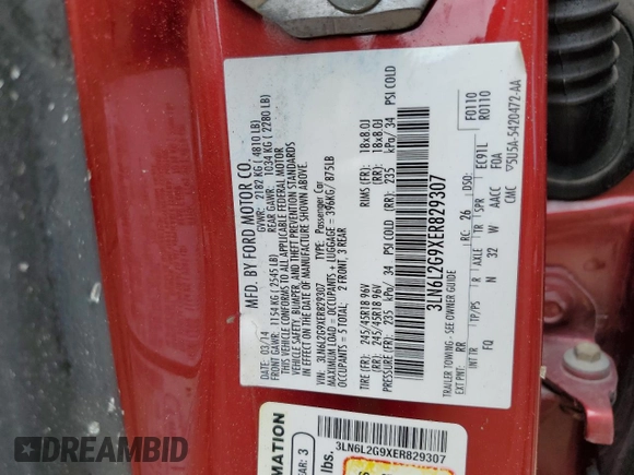2014 Lincoln MKZ с VIN 3LN6L2G9XER829307, выставлен на аукционе Copart как лот 56023824 с пробегом Не указан миль и На запчасти • Non repairable. История ставок и продаж доступна на DreamBid. Изображение 12.