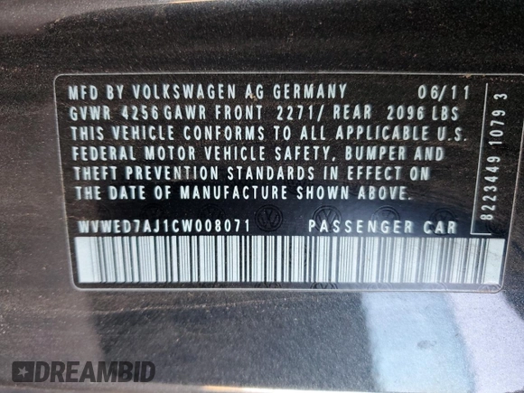 2012 Volkswagen GTI PZEV with VIN WVWED7AJ1CW008071, listed as a Copart auction lot 86112114 with 126,985 mi miles and Clean title. Bid and sale history available at DreamBid. Image 12.