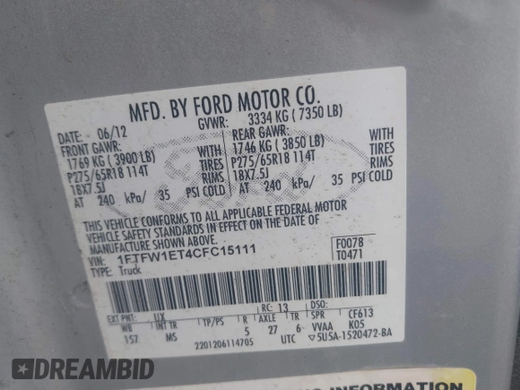 2012 Ford F-150 XL with VIN 1FTFW1ET4CFC15111, listed as a IAAI auction lot 42525823 with Not provided miles and . Bid and sale history available at DreamBid. Image 9.