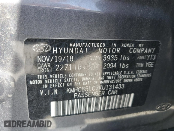 2019 Hyundai Ioniq Blue with VIN KMHC65LC7KU131433, listed as a Copart auction lot 57298275 with 86,779 mi miles and Salvage title. Bid and sale history available at DreamBid. Image 12.