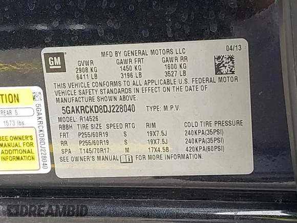 2013 Buick Enclave Leather with VIN 5GAKRCKD8DJ228040, listed as a IAAI auction lot 39163095 with 1 mi miles. Bid and sale history available at carsss.com. Image 9.