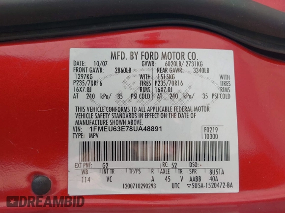 2008 Ford Explorer XLT z VIN 1FMEU63E78UA48891, wystawiony jako IAAI lot #41720120 z przebiegiem 217 578 mil mil oraz . Historia ofert i sprzedaży dostępna na DreamBid. Obrazek 9.