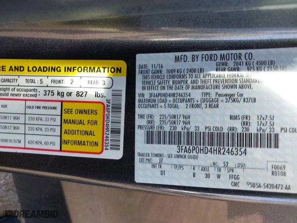 2017 Ford Fusion SE with VIN 3FA6P0HD4HR246354, listed as a IAAI auction lot 41752932 with 113,566 mi miles. Bid and sale history available at carsss.com. Image 9.