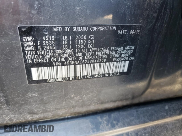 2018 Subaru Legacy Premium with VIN 4S3BNAC62J3044209, listed as a Copart auction lot 49857785 with 0 mi miles and Salvage Title. Bid and sale history available at carsss.com. Image 13.