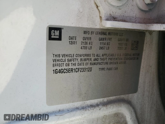 2012 Buick LaCrosse Leather with VIN 1G4GC5ER1CF233120, listed as a Copart auction lot 49136775 with 122,662 mi miles and Salvage title. Bid and sale history available at DreamBid. Image 14.