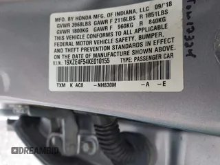 2019 Honda Insight EX with VIN 19XZE4F54KE010155, listed as a IAAI auction lot 41836495 with 83,305 mi miles and . Bid and sale history available at DreamBid. Image 9.