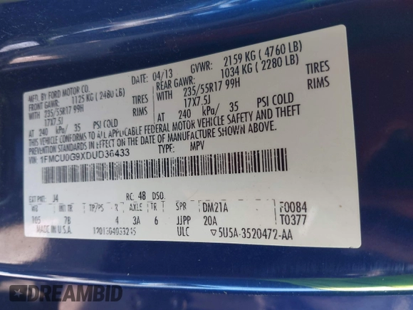 2013 Ford Escape SE z VIN 1FMCU0G9XDUD36433, wystawiony jako IAAI lot #42282619 z przebiegiem 224 020 mil mil oraz . Historia ofert i sprzedaży dostępna na DreamBid. Obrazek 9.