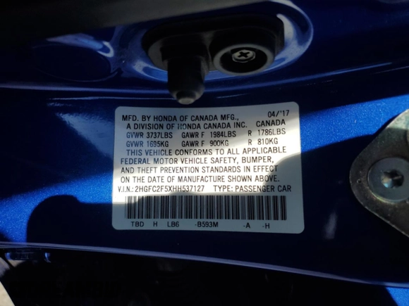 2017 Honda Civic LX with VIN 2HGFC2F5XHH537127, listed as a Copart auction lot 49743925 with 122,418 mi miles and Salvage Title. Bid and sale history available at DreamBid. Image 14.