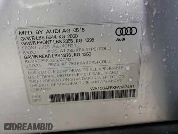 2015 Audi SQ5 Premium Plus с VIN WA1CGAFPXFA147491, выставлен на аукционе Copart как лот 48976505 с пробегом 124 717 миль миль и Списание • Salvage title. История ставок и продаж доступна на DreamBid. Изображение 12.