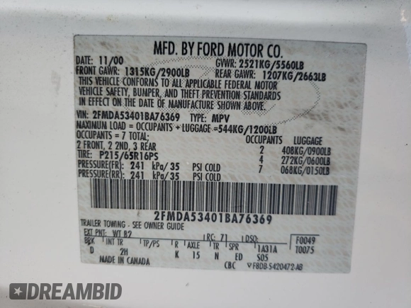 2001 Ford Windstar SEL z VIN 2FMDA53401BA76369, wystawiony jako Copart lot #64525524 z przebiegiem 154 934 mil mil oraz Szkoda całkowita • Salvage title. Historia ofert i sprzedaży dostępna na DreamBid. Obrazek 13.