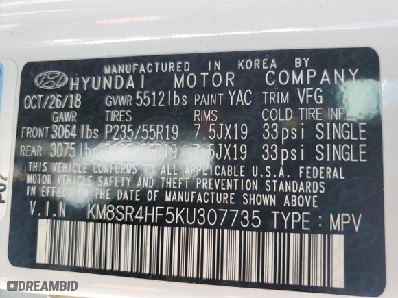 2019 Hyundai Santa Fe XL Limited Ultimate with VIN KM8SR4HF5KU307735, listed as a Copart auction lot 46835275 with 0 mi miles and Salvage Title. Bid and sale history available at carsss.com. Image 15.