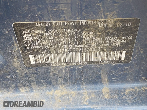 2010 Subaru Impreza Outback Special Sports с VIN JF1GH6D68AH820036, выставлен на аукционе IAAI как лот 42443878 с пробегом 213 013 миль миль и . История ставок и продаж доступна на DreamBid. Изображение 9.