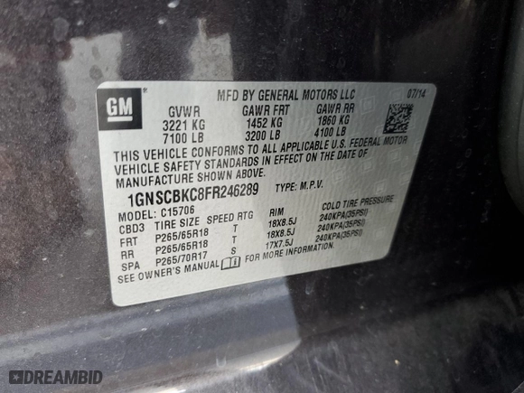 2015 Chevrolet Tahoe LT with VIN 1GNSCBKC8FR246289, listed as a Copart auction lot 81521014 with 102,256 mi miles and Salvage Title. Bid and sale history available at carsss.com. Image 13.