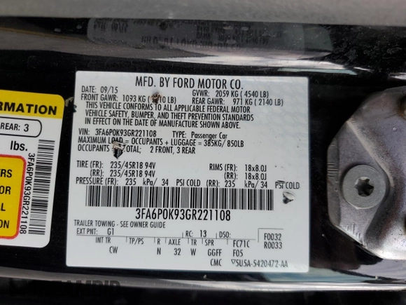 2016 Ford Fusion Titanium with VIN 3FA6P0K93GR221108, listed as a Copart auction lot 58231615 with 103,344 mi miles and Salvage title. Bid and sale history available at DreamBid. Image 13.