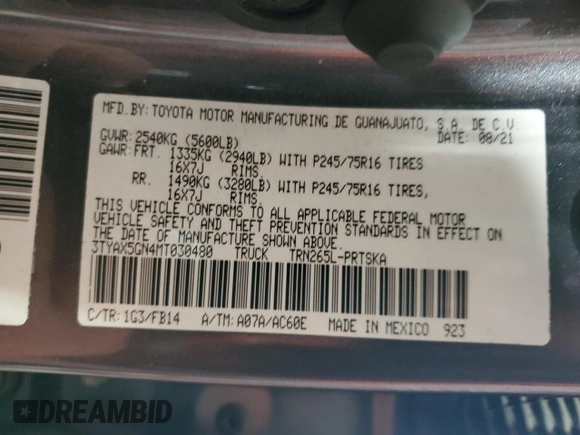 2021 Toyota Tacoma SR with VIN 3TYAX5GN4MT030480, listed as a Copart auction lot 58180125 with 62,279 mi miles and Clean title. Bid and sale history available at DreamBid. Image 12.