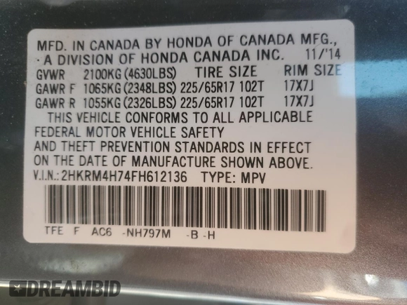 2015 Honda CR-V EX-L with VIN 2HKRM4H74FH612136, listed as a Copart auction lot 54825335 with 237,619 mi miles and Salvage Title. Bid and sale history available at carsss.com. Image 14.