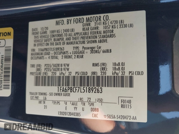 2020 Ford Mustang GT with VIN 1FA6P8CF7L5189263, listed as a IAAI auction lot 42474664 with 93,491 mi miles and . Bid and sale history available at DreamBid. Image 9.