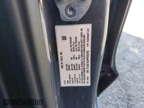 2023 Tesla Model 3 with VIN 5YJ3E1EA4PF556782, listed as a Copart auction lot 55626935 with 26,615 mi miles and Salvage title. Bid and sale history available at DreamBid. Image 13.