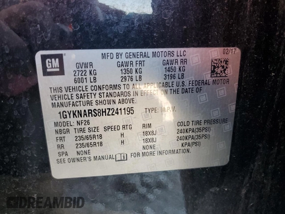 2017 Cadillac XT5 FWD with VIN 1GYKNARS8HZ241195, listed as a Copart auction lot 46613485 with 113,680 mi miles and Salvage Title. Bid and sale history available at DreamBid. Image 15.