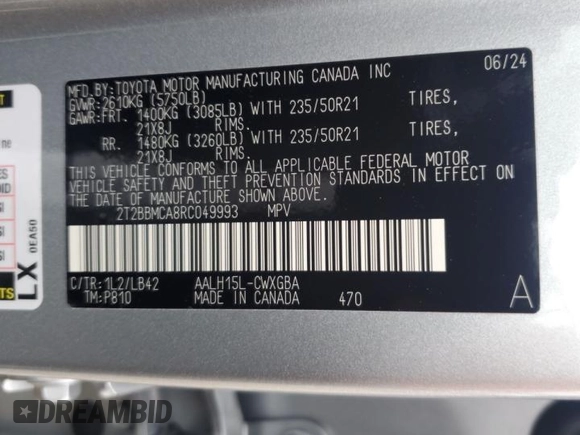 2024 Lexus RX 350h with VIN 2T2BBMCA8RC049993, listed as a Copart auction lot 60060935 with 3,013 mi miles and Salvage title. Bid and sale history available at DreamBid. Image 12.