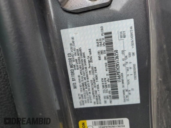 2022 Ford Mustang EcoBoost с VIN 1FA6P8TH2N5136250, выставлен на аукционе Copart как лот 54742405 с пробегом 74 103 миль миль и Списание • Salvage title. История ставок и продаж доступна на DreamBid. Изображение 12.