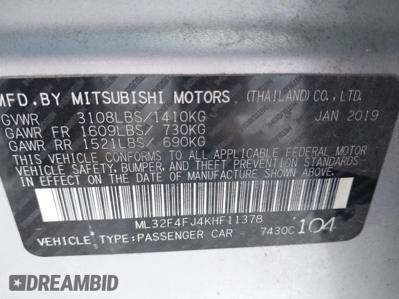 2019 Mitsubishi Mirage G4 SE with VIN ML32F4FJ4KHF11378, listed as a IAAI auction lot 41632278 with 63,395 mi miles. Bid and sale history available at carsss.com. Image 9.